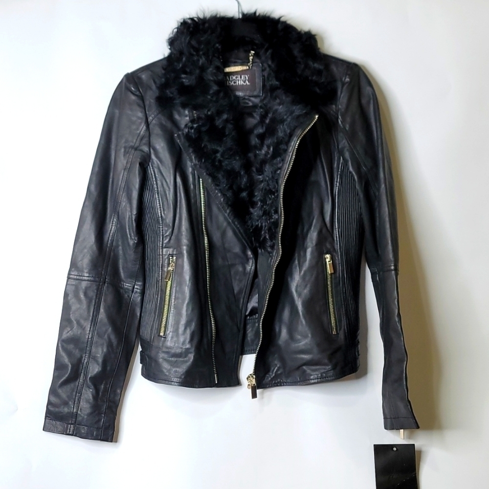 Badgeley Mischka leather moto jacket with lamb hair accent on the collar